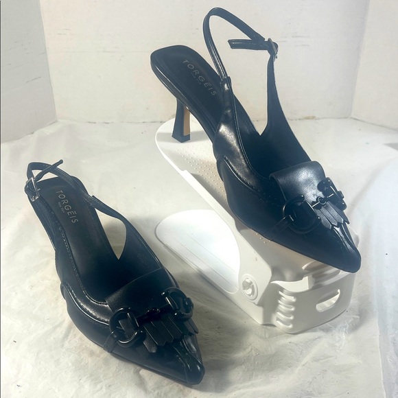Torgeis Shoes - Torgeis Women’s Valeria Black Pointy Toe Kitten Heel Slingback Shoes Pumps